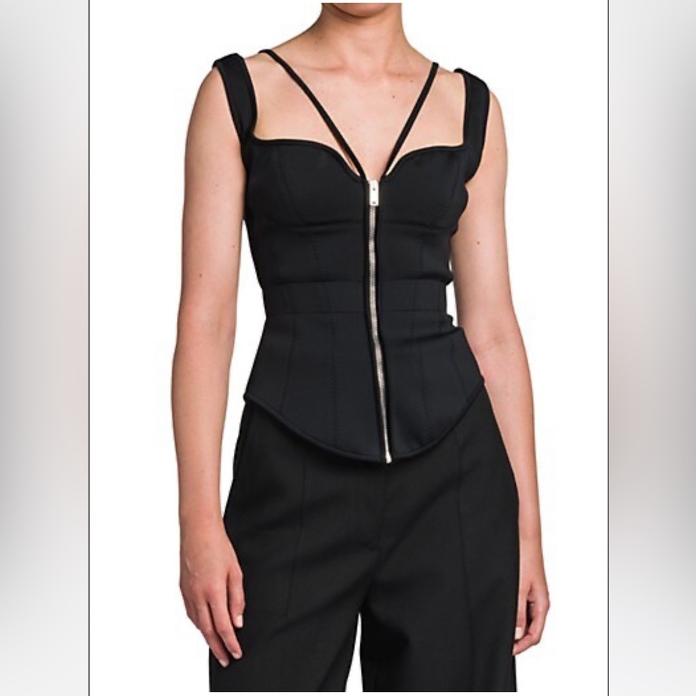 Stella McCartney Sweatheart Neckline Strappy Black Scuba Neoprene Zip-Up Top